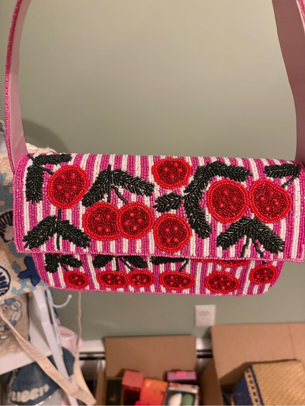 Pink Beaded Cherry Shoulder Bag